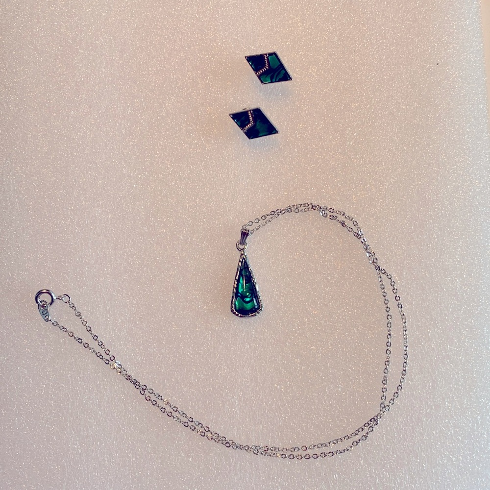 Dainty aqua faux mother of pearl pendant silver tone necklace and earrings. NWOT